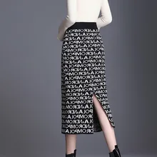 Женская трикотажная юбка, Женская Осенняя зимняя длинная юбка с высокой талией, сумка на бедрах с буквенным принтом, юбка с разрезом