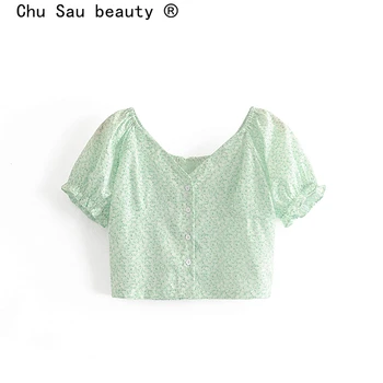 

Chu Sau beauty Sweet Style Floral Printed Crop Top Women Holiday Chic Puff Sleeve Single Breasted Short Blouses Vestidos De Mode