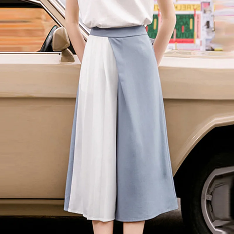 

Blue High Waist Stitching Contrast Pleated Woman Seven Points Wide Leg Pants Casual Simple Fashion 2019 Autumn New L096