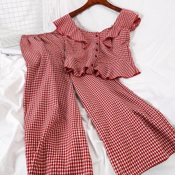 

ZCWXM Summer Sweet Two Piece Set Plaid Beach Style Ruffles 2020 Korean 2 Piece Set Women Sexy Fashion Ropa Mujer Full Length