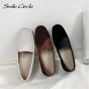 

Smile Circle Sneakers Women Flat Slip-On Casual Lazy shoes Spring fashion Genuine Leather Square toe Ladies shoes
