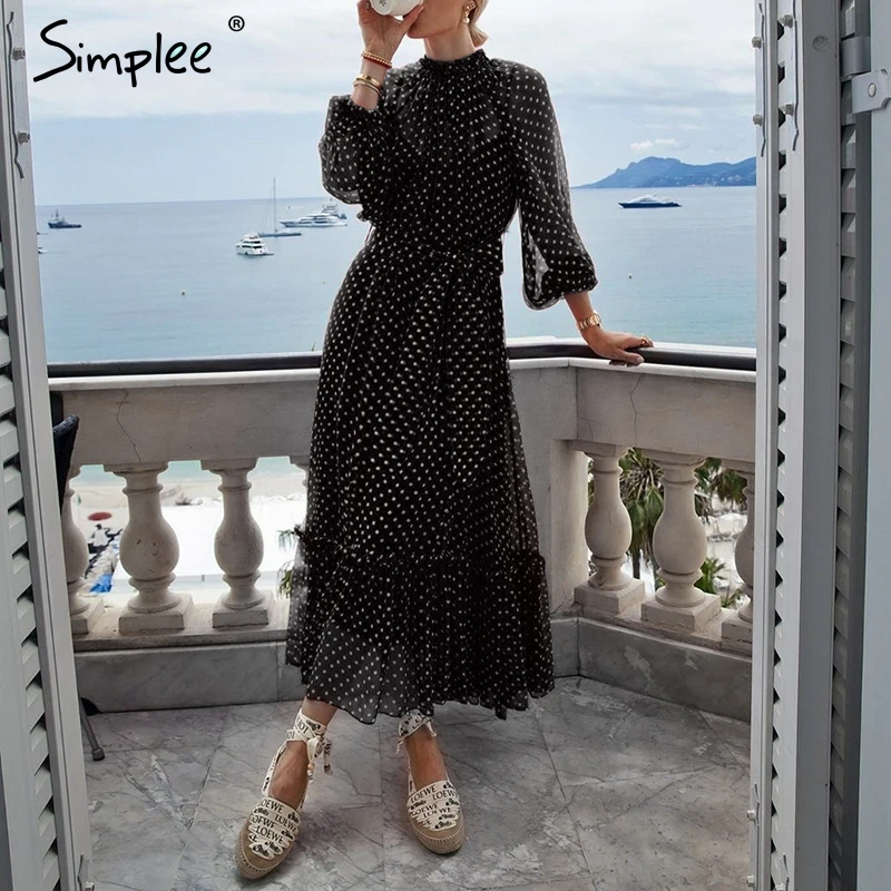 Online Simplee otoño mujeres vestido de fiesta elegante polka dot estampado femenino largo vestido de fiesta estilo de vacaciones señoras ruffle maxi vestido vestidos