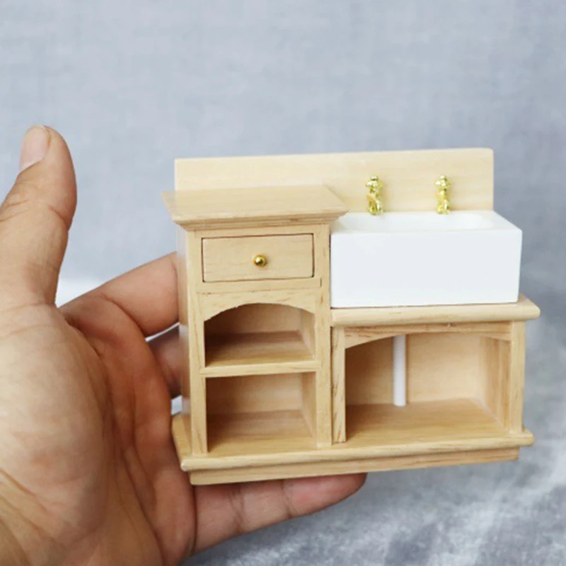 

1:12 Scale Dollhouse Miniature Furniture Bathroom Kitchen Wooden Hand Sink Simulation Home Wash Basin Cabinet Model
