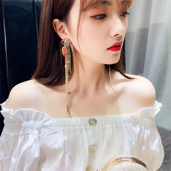 

FYUAN Long Tassel Crystal Asymmetry Earrings for Women Colorful Parrot Drop Earrings Wedding Jewelry Gifts
