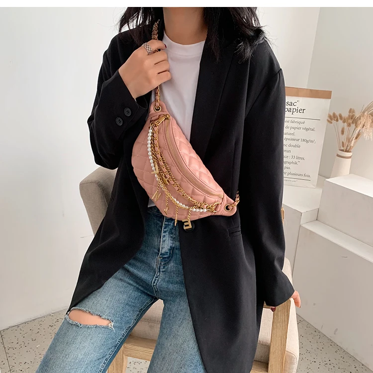 Small Bag Women New Fashion Korean Versatile Messenger Bag Pearl Chain Waist Bag Gold Letter Tassel Chest Bag Nightclub Bag