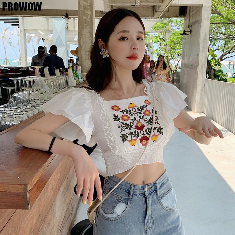 2020 Summer Sexy Tops Women Korean Flower Embroidery T-Shirt Top Ruffled Sleeveless Crop Lace Patchwork Slim  Blusas