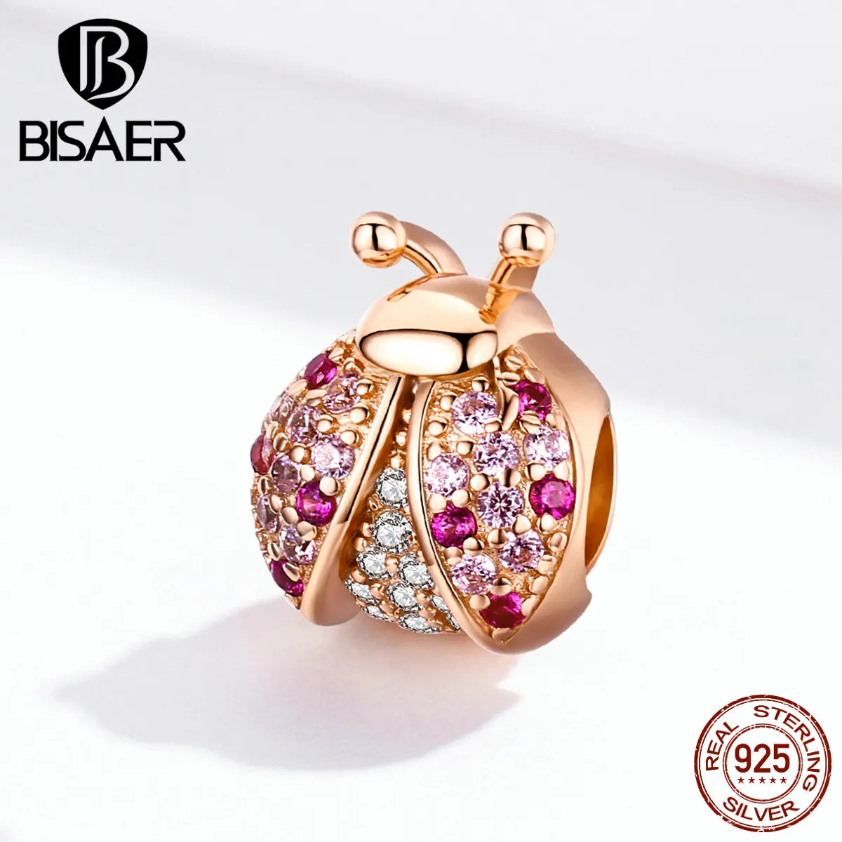 

ladybug charms BISAER 925 sterling silver luxury rose gold ladybug insect beads charms fit bracelets silver 925 jewelry