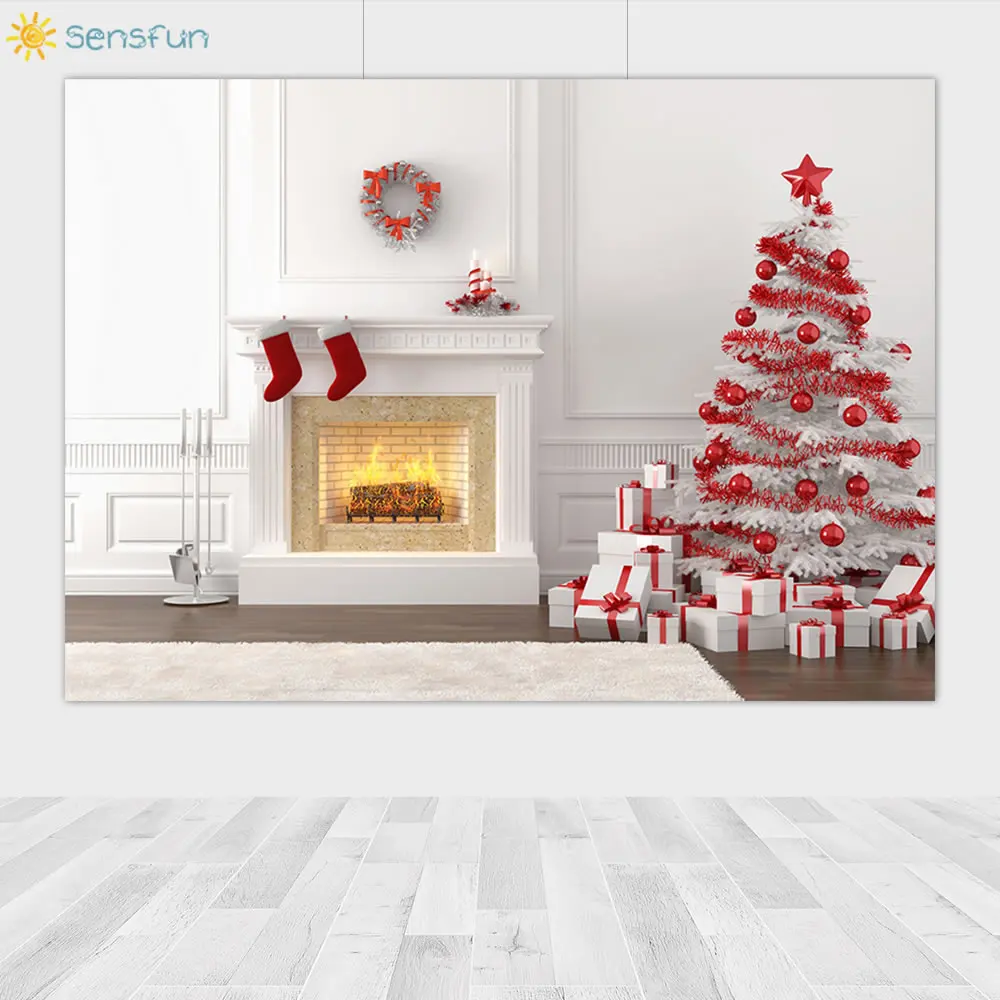 Sensfun Фотофон Рождественский фон камин дерево Белая стена Фотофон для фотостудии