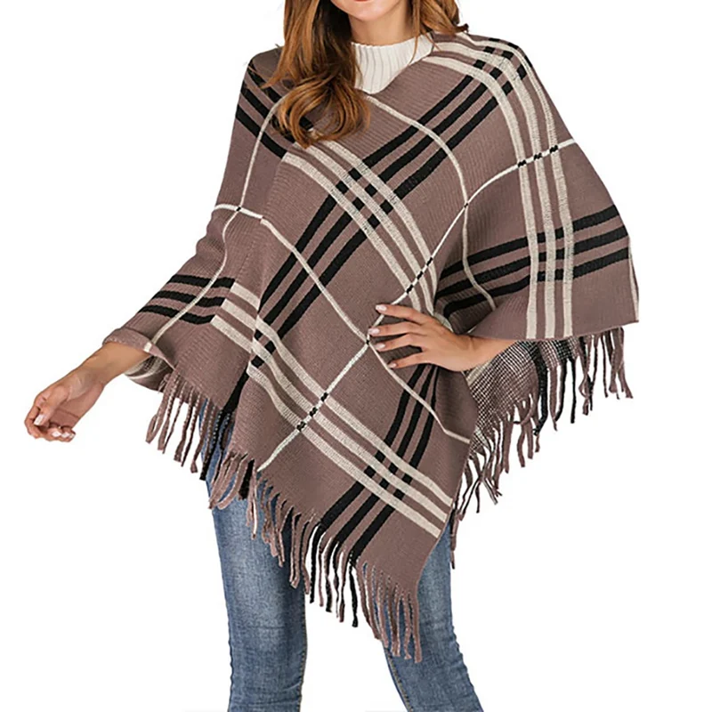 

Ladies Plaid Jacket Colorblocks Set Autumn Fringe Cloak Cape Long Style Loose Color Matching Head Fashion Wild Top