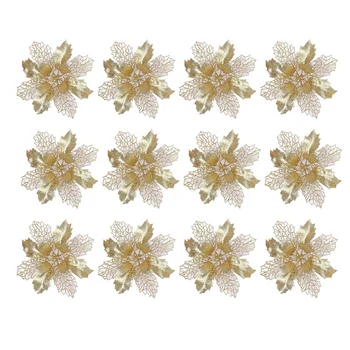 

12Pcs Golden Artificial Christmas Flower Glitter Fake Flower Christmas Tree Ornament Christmas Decoration