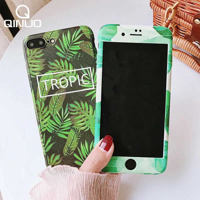 

360 Full Coverage Phone Case For iPhone X XR XS Max Full Protection Cover For iPhone 7 8 6 6S Plus 5 5S SE Plant Leaf Capa Glass