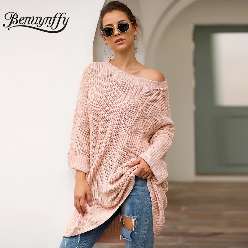 

Benuynffy Autumn Winter O-Neck Knitted Oversized Sweater Women Loose Casual Big Pocket Female Jumper Long Warm Sweater Pullover