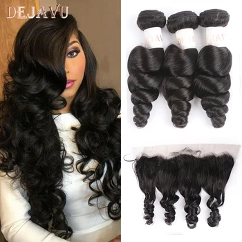 Dejavu Brazilian Hair Weave Bundles With Frontal Closure 13*4 Inch Human Hair 3 Bundle Deals Loose Wave Non-Remy hair 1