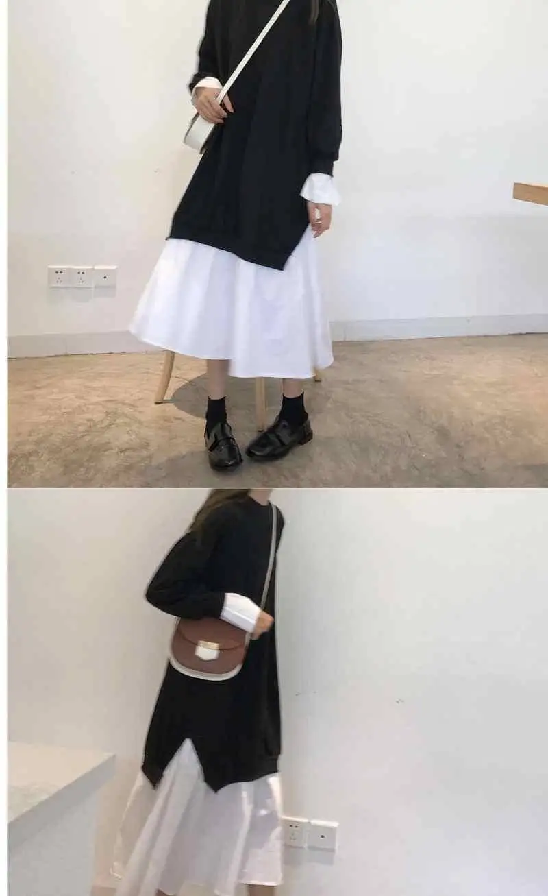 Long Sleeve Dress Women Fake 2 Pieces Black All-match Preppy Style Female Clothing Newly Thicker 2020 Patchwork Ruffles Students homecoming dresses 2021