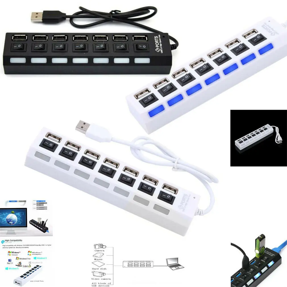 USB 2,0 мульти Зарядное устройство Hub+ высокая Скорость адаптер 7-Порты и разъёмы на переключатель включения/выключения для ноутбука/PC USB Зарядное устройство