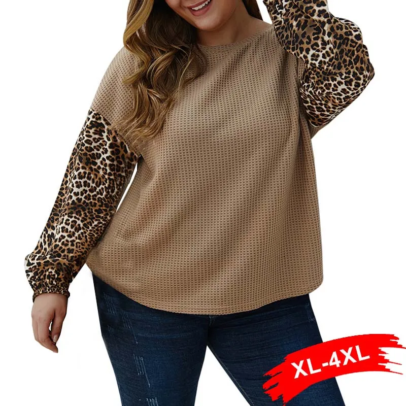 

Plus Size Leopard Print Patchworked Long Sleeve Curved Hem Knitting Sweater 3Xl 4Xl Autumn Casual Loose Pullovers Chi Tops