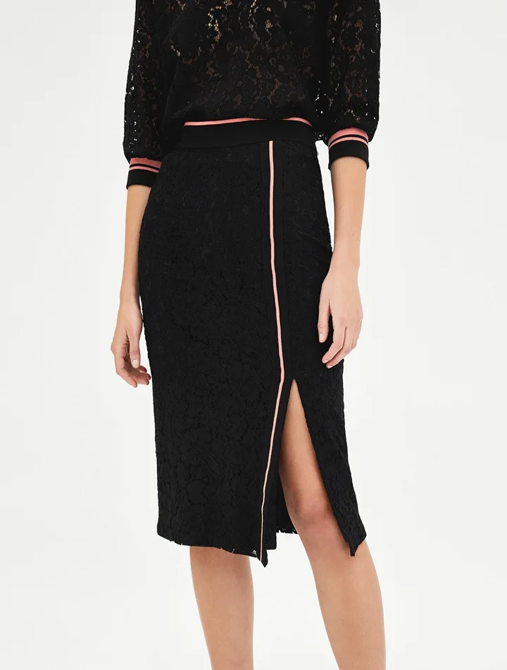 

2018 Summer WOMEN'S Dress Western Style New Style Versatile Slimming High-waisted Mid-length Slit Selvage Lace Skirt