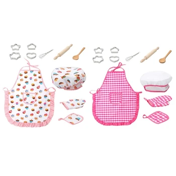 

22Pcs Kids Cooking and Baking Set - 11Pcs Kitchen Costume Role Play Kits Apron Hat Funny Toy for Children, Pink & White