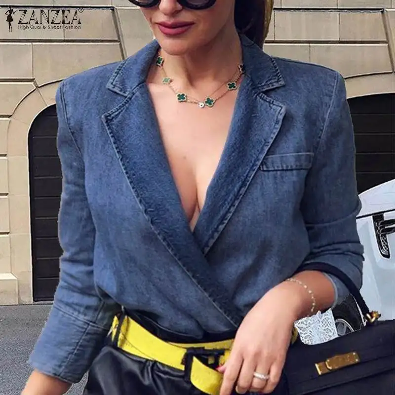 ZANZEA, женские блейзеры, новинка, Модные осенние пальто с длинным рукавом, женские пальто на одной пуговице, верхняя одежда, повседневные свободные джинсовые синие костюмы