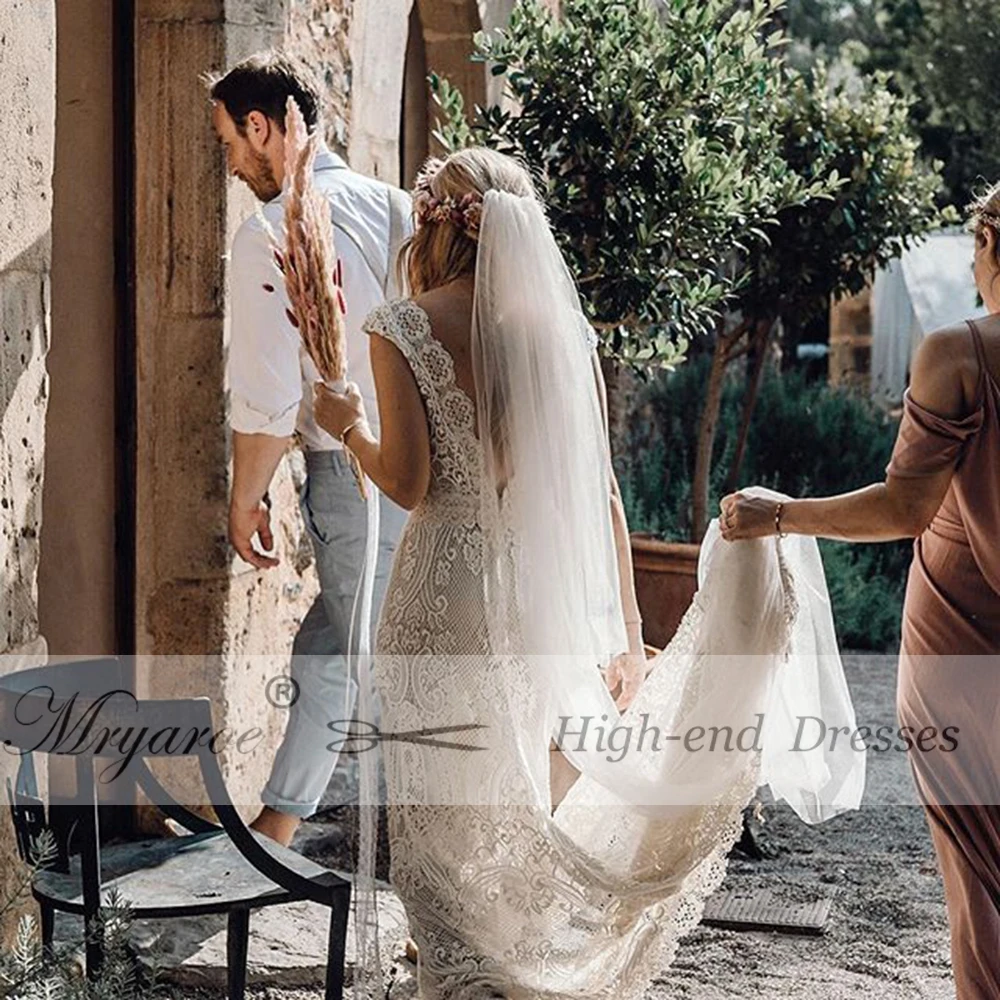 Mryarce Unique Bride Vintage Crochet Lace Boho Wedding Dress Cap Sleeves Open Back Bohemian Bridal Gowns  (5)