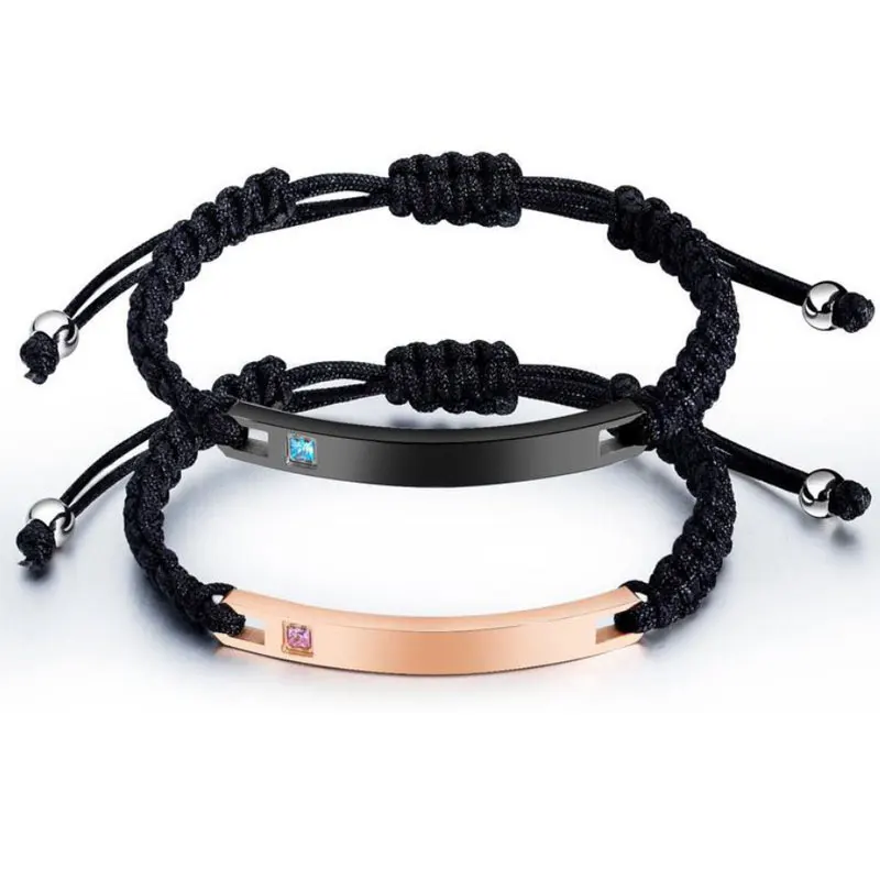 

New Simple Stainless Steel Cubic Zirconia Woven Rope Adjustable Couple Charm Bracelets Lover Jewelry for Women and Men