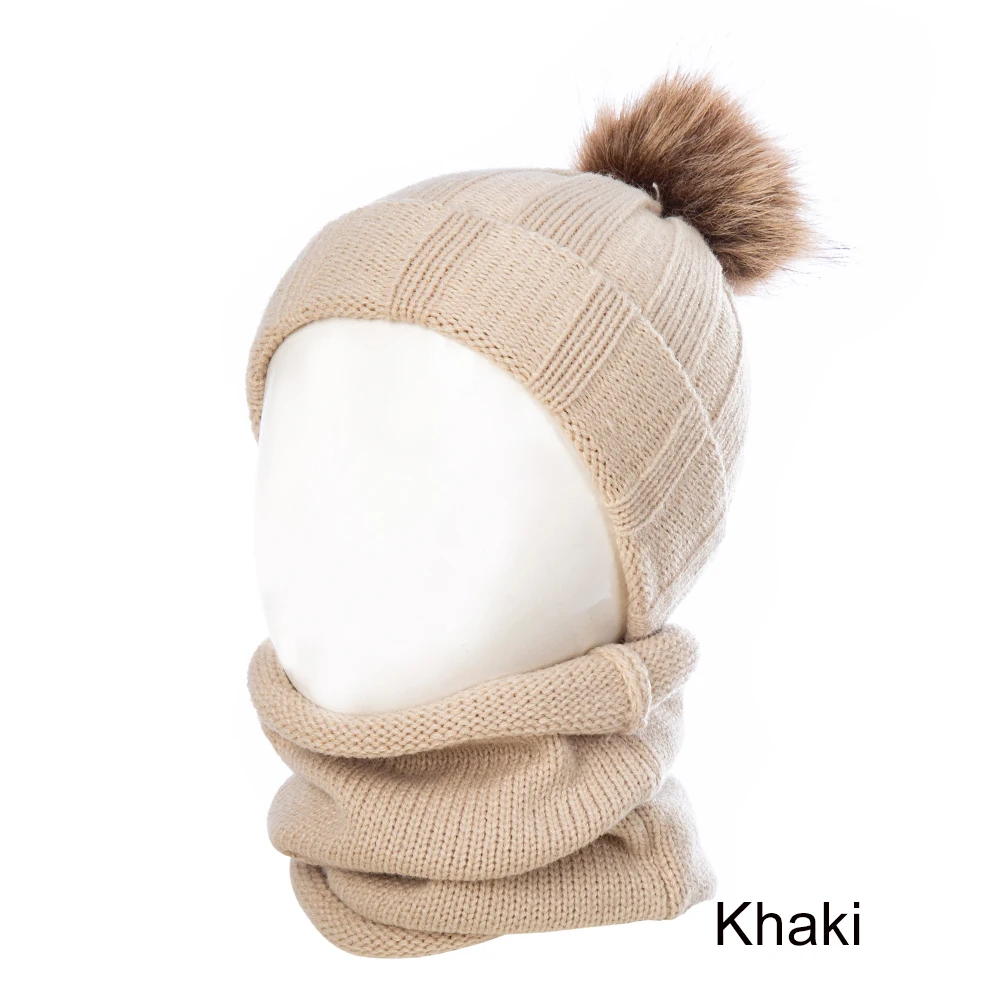 khaki YEABIU милый детский набор из шапки и шарфа, зимняя детская шапка, шарф, костюм, вязаная шапка для девочек и мальчиков, шарф, теплые детские шапки, шапки, шарфы - Цвет: khaki