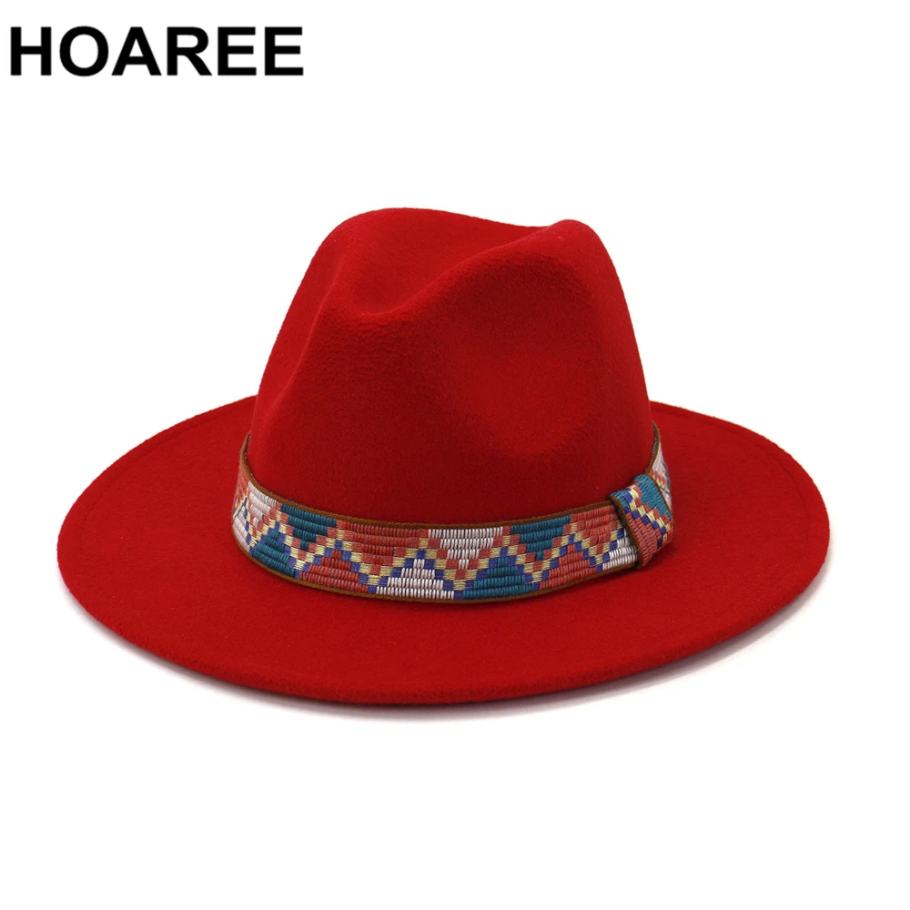 

HOAREE Red Women Wool Vintage Trilby Felt Fedora Hat Wide Brim Elegant Lady Winter Autumn Jazz Caps Chapeau Sombrero