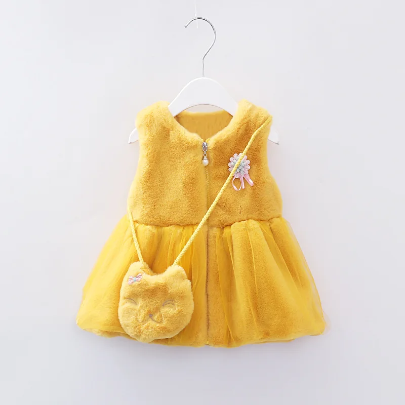 Детский жилет г., зимний утепленный кардиган на молнии с искусственным мехом для девочек, жилет+ сумка, одежда для малышей - Цвет: Цвет: желтый