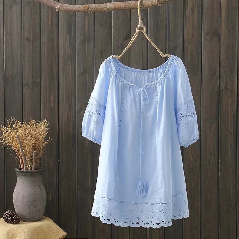 Свободная Женская блузка размера плюс из 100% хлопка с круглым вырезом однотонная