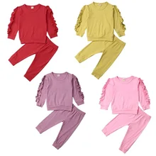 Набор одежды для новорожденных из 2 предметов, футболка с оборкой для маленьких девочек, топы, штаны, одежда осенне-зимняя теплая одежда с длинными рукавами