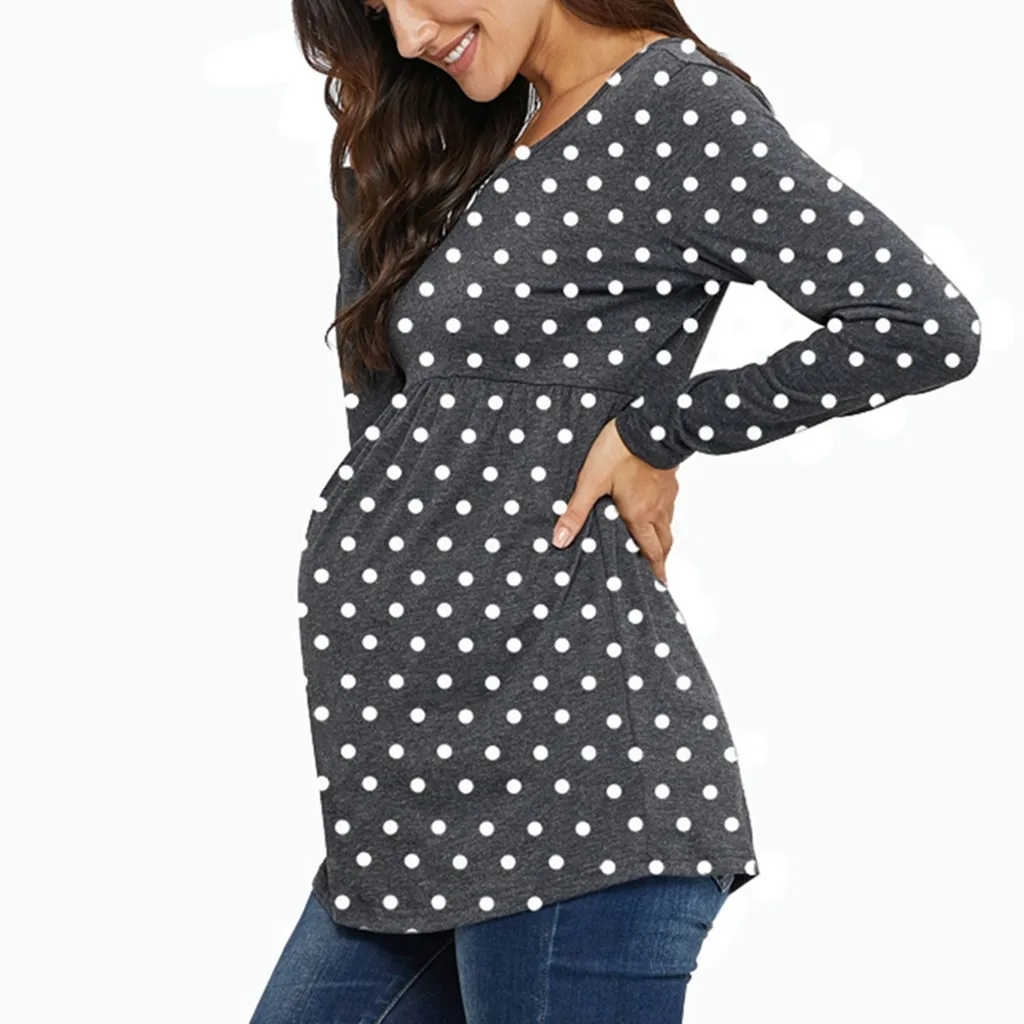 Женские топы в горошек с длинными рукавами для беременных; Футболка для беременных; блузка с круглым вырезом; мягкая хлопковая одежда для кормящих мам
