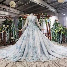 Блестящий светильник, синие кружевные свадебные платья, винтажные свадебные платья, 3D Цветы, высокая горловина, длинные рукава, блестки, Vestido De Novia