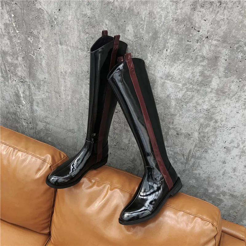 MORAZORA Hot sale popular knee high boots low heel round toe ladies shoes top quality patent leather 2 colors women boots