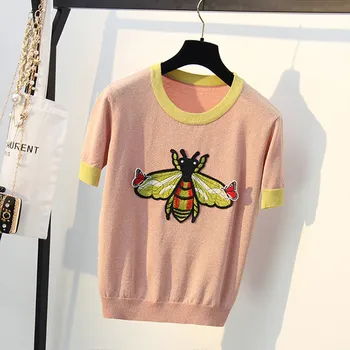 

New European and American round neck embroidered bee Pullover ice silk knitwear women's short sleeve bright silk top in summer