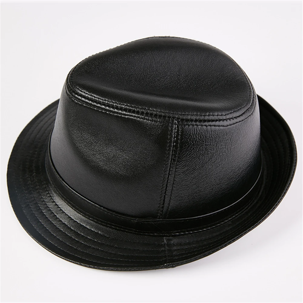 LA SPEZIA Men Fedora Hat Real Leather Sheepskin Dark Brown Jazz Hat Male Autumn Winter High Quality Men's Flat Top Cap - Цвет: black