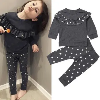 

Autumn Cute Toddler Kids Baby Girls Clothes 2PCS Long Sleeve Ruffles Heart Print Pullover Tops+Pants Outfit 0-4Y