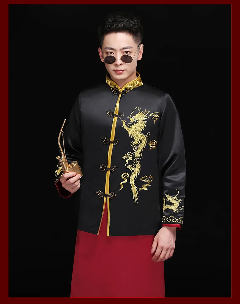 Мужской красный cheongsam тост костюмы костюм жениха куртка длинное платье Традиционный китайский стиль Свадьба Qipao для мужчин вышивка Тан костюм