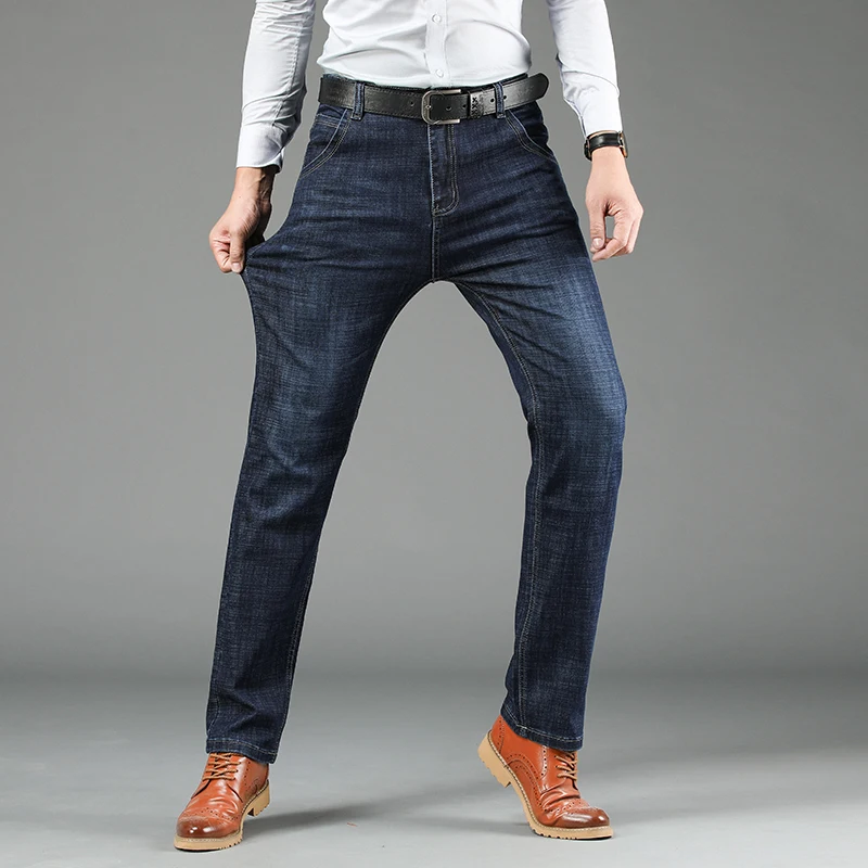 QUANBO Новое поступление осень зима бизнес эластичные Прямые повседневные джинсы Брендовые мужские джинсы темно синие джинсовые брюки 38 40