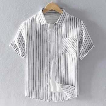 

2020 New Fashion 100%Linen Stripe Shirt Men Casual Social Business Male Shirt Top Quality Short Sleeve Mens Dress Shirts Y2810