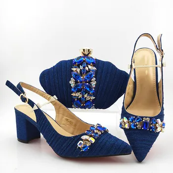 

Graceful royal blue party set matching pointed toe shoes and handbag set with stones QSL-023, heel height 7.5cm