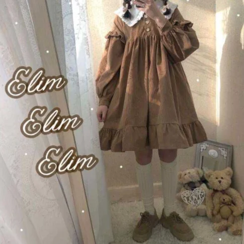 Japanese Girl Cute Ruffle Collar Puff Sleeve Student Dress Princess tea party sweet lolita dress vintage bowknot cute cosplay
