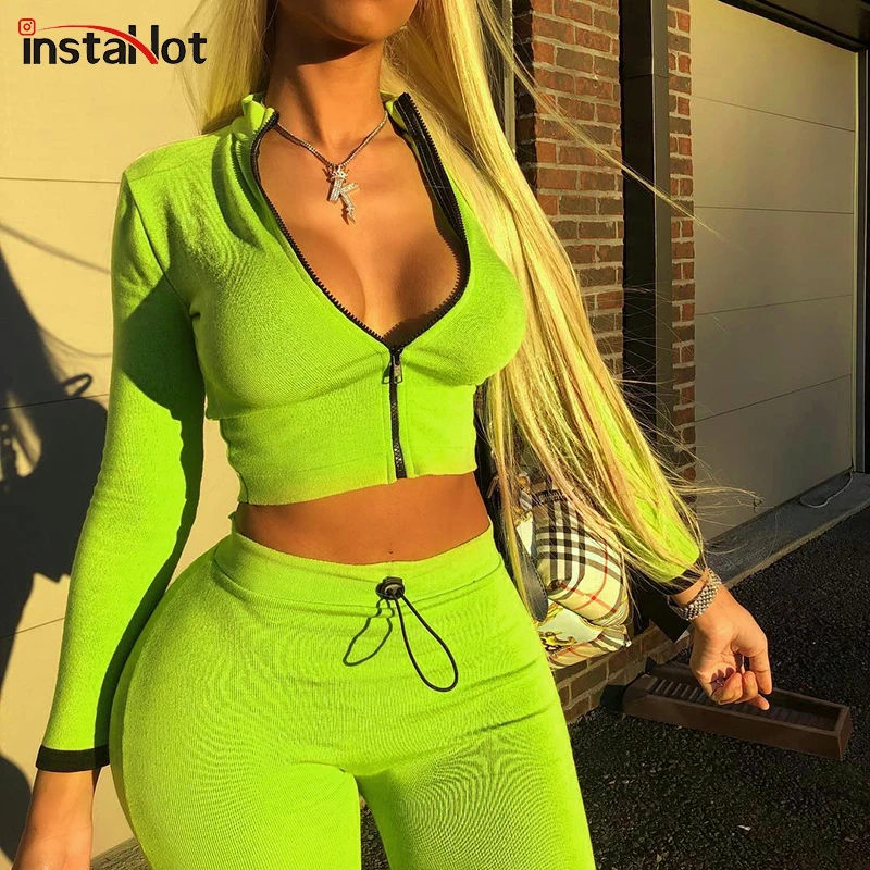 

InstaHot Neon Two Piece Set Women Sexy Ribbed Knitted Zipper Up Slim Crop Top and Drawstring Skinny Pants Casual Tracksuit
