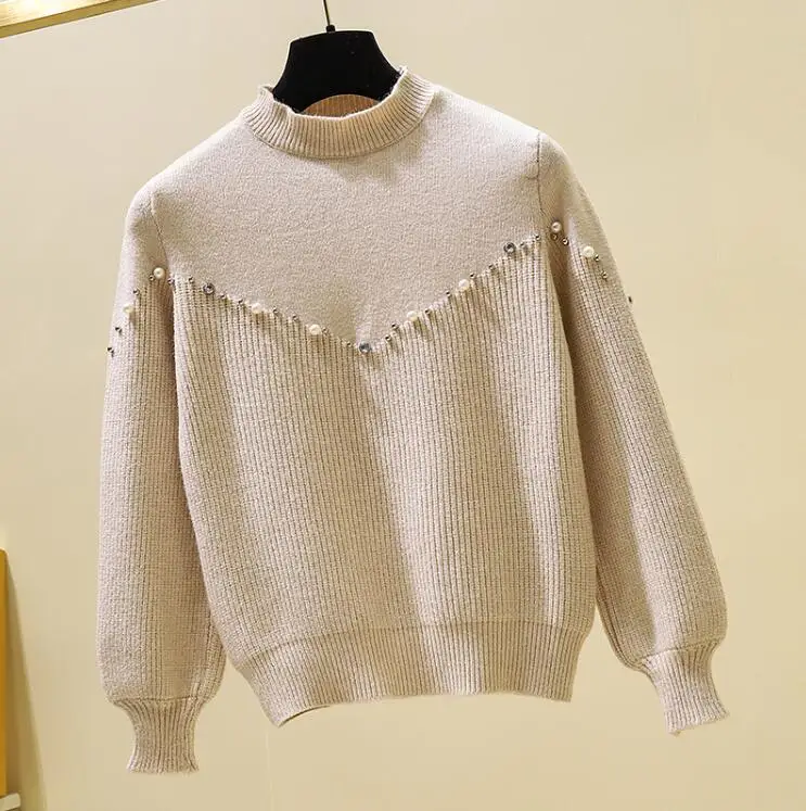 New Autumn Winter Pullovers Loose Women's Knitting Sweater With Pearls Beading Lantern Sleeve Ladies Knitted Sweater Femme - Цвет: Light khaki