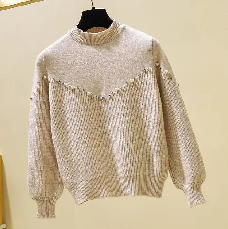 Light khaki New Autumn Winter Pullovers Loose Women's Knitting Sweater With Pearls Beading Lantern Sleeve Ladies Knitted Sweater Femme - Цвет: Light khaki