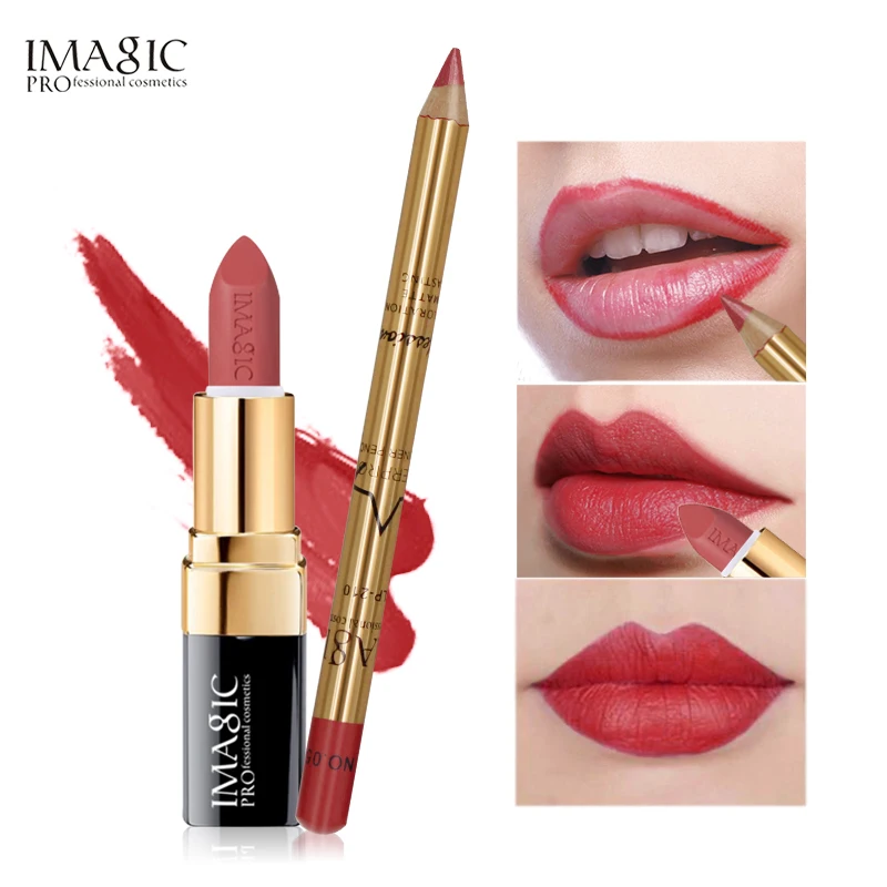 

IMAGIC 2Pcs=1Pcs Easy Waterproof Makeup Lipliner Pencil +1Pcs Long-lasting Matte Lipstick Makeup Set