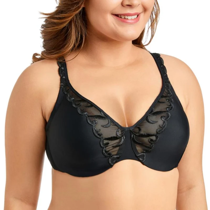 

Women's Underwired Full Coverage No Padding Embroidered Minimizer Plus Size Bra 32 34 36 38 40 42 44 B C D DD E DDD F FF G Cup