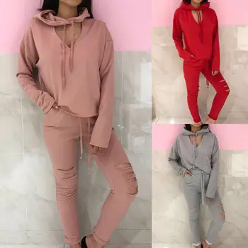 

Sexy Women 2PCS Set Hoodies Sweatshirt Pants Set Sport Wear Casual Tracksuit Suit Autumn V neck Two Pieces Sets