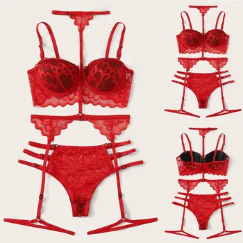 

Bra Set Sexy Exquisite Lace Lingerie Bra+Garter+Briefs Set Babydoll Cut-Out Sleepwear For Women Hot комплект нижнего белья