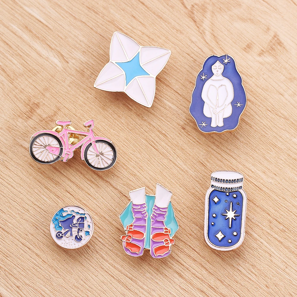 

Cartoon Brooch Bicycle Girl Shoes Origami Wishing bottle Travel around the world Enamel pins Backpack Jacket Lapel Pin Badge