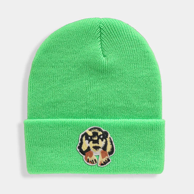 Fluorescent green Новые шапки-маски с изображением животных, зимняя шапка с заплаткой в виде собаки, Женская эластичная шапка, осенняя однотонная теплая мягкая шапка унисекс, повседневная Кепка для девочек, дамские шапочки - Цвет: Fluorescent green